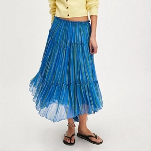 Free People Ember Tiered Stripe Midi Skirt in Blue Marina Sz XS, S $128 MSRP NWT - Picture 2 of 8